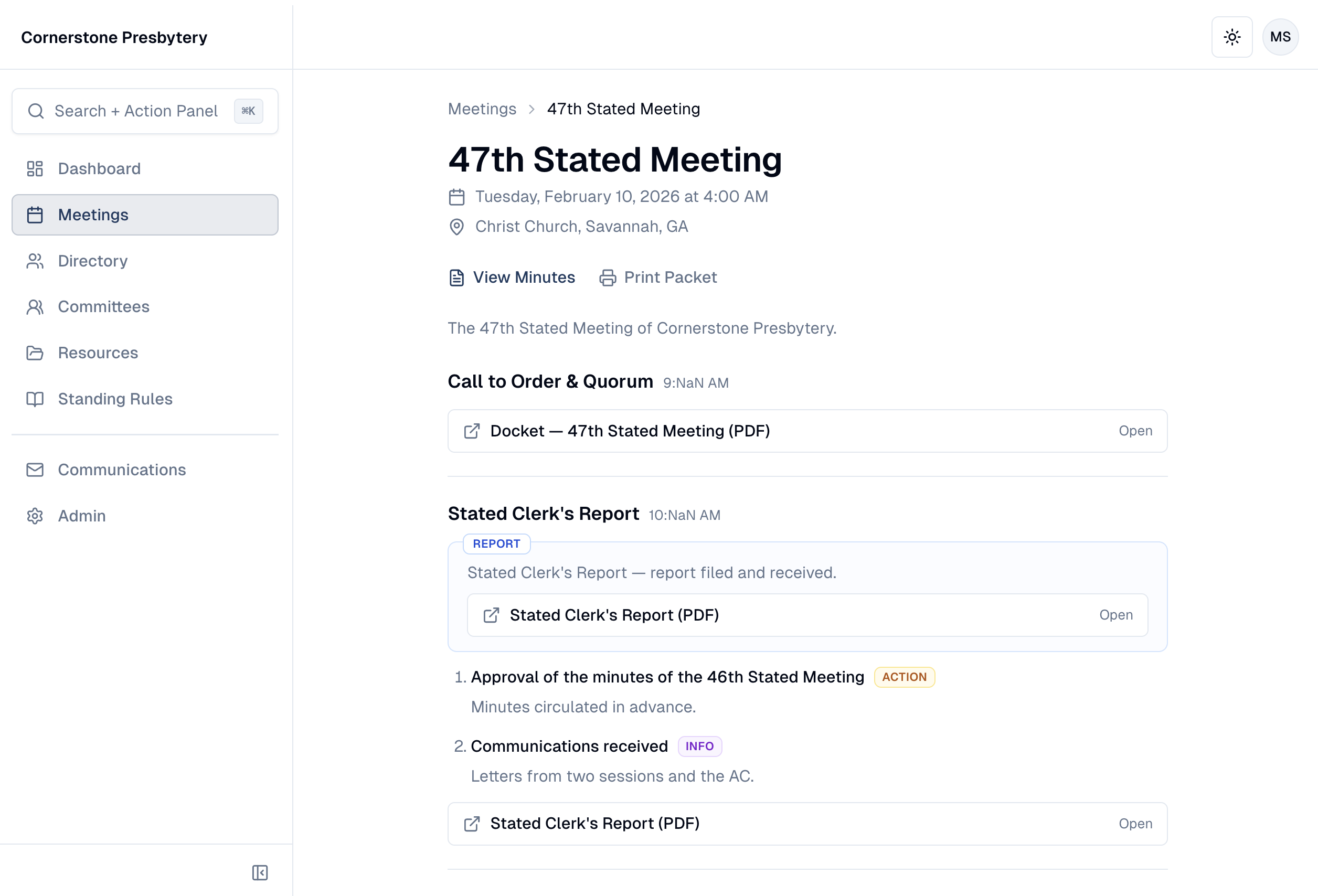 Docket showing a stated meeting agenda — call to order, reports, and numbered action items with linked PDFs.