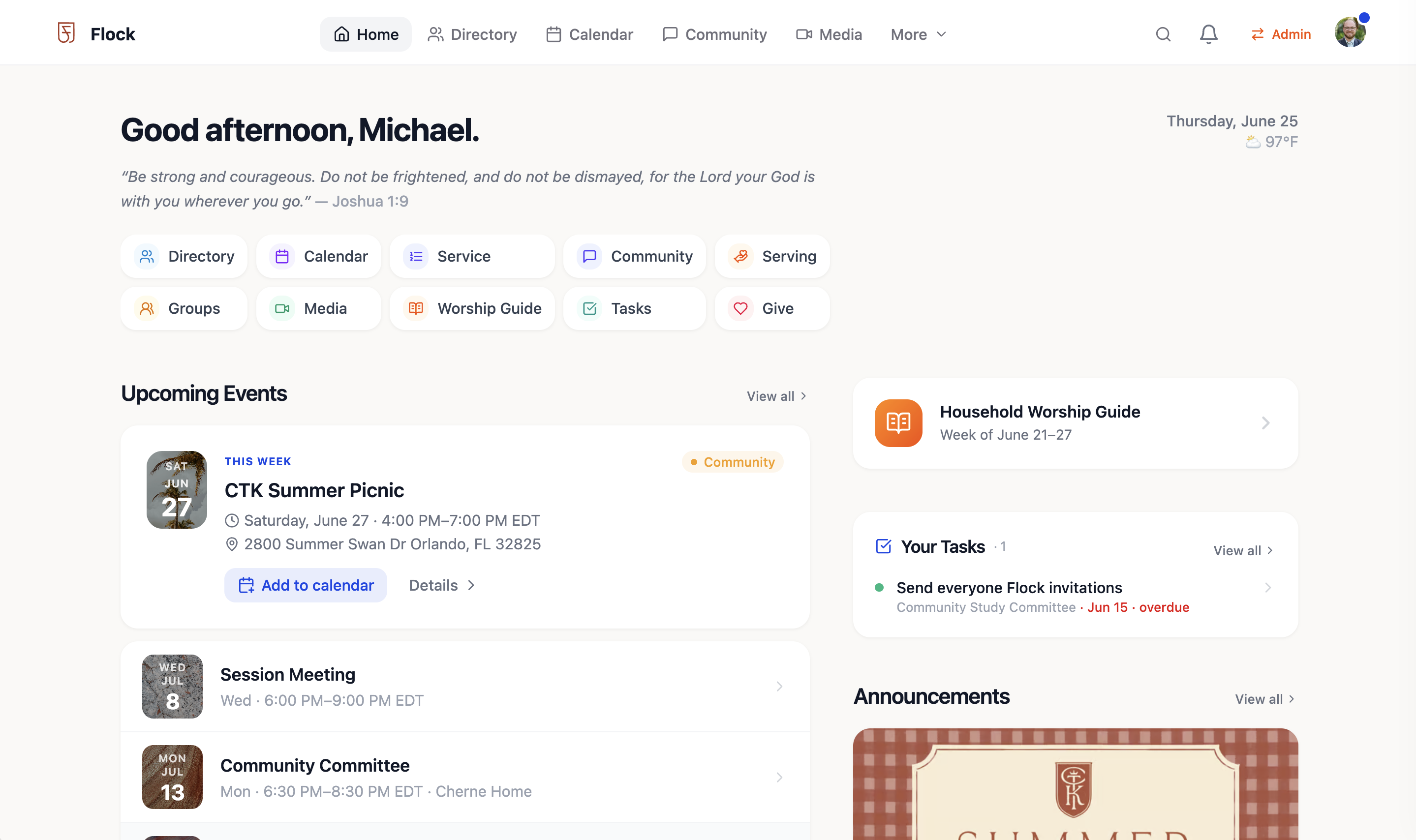 The Flock dashboard — a personalized greeting, quick links to Directory, Calendar, Giving and more, upcoming events, household worship guide, tasks, and announcements
